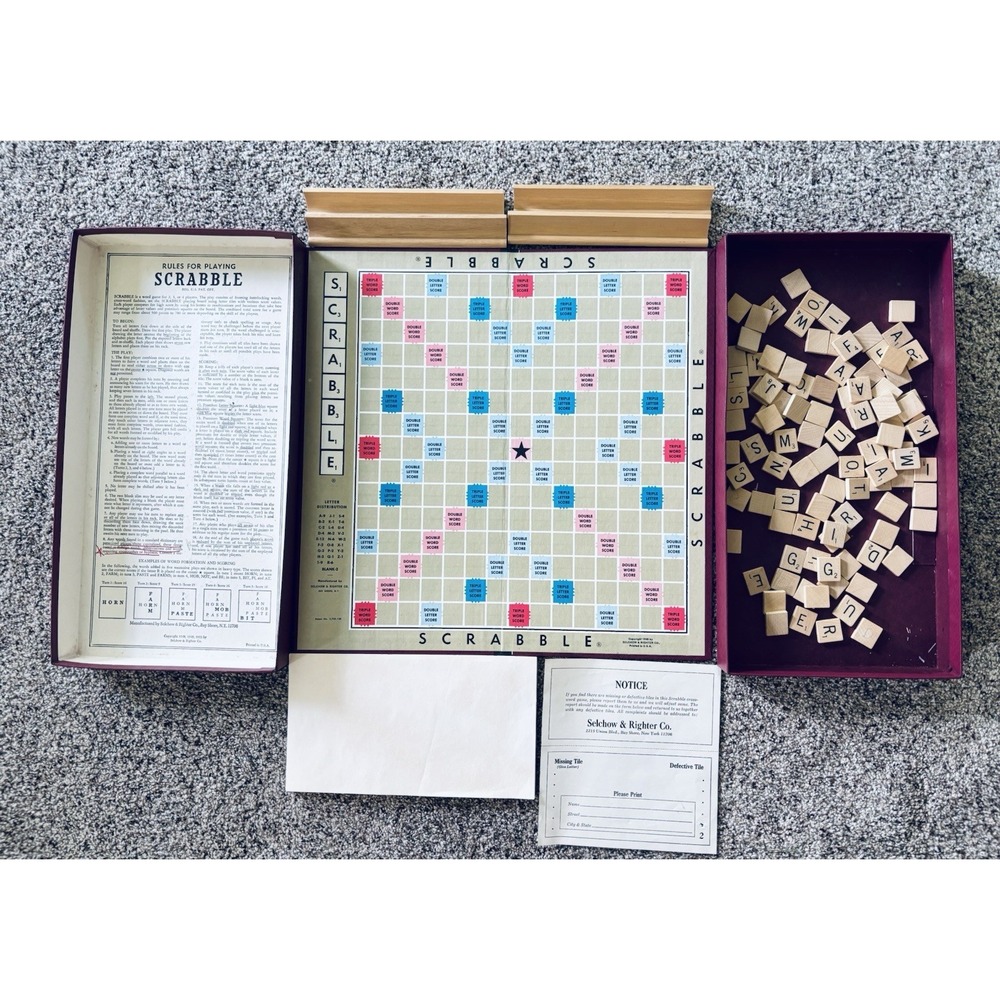 Vintage 1950s Scrabble Game – Selchow & Righter #402 –Wood Tiles, Racks & Paper